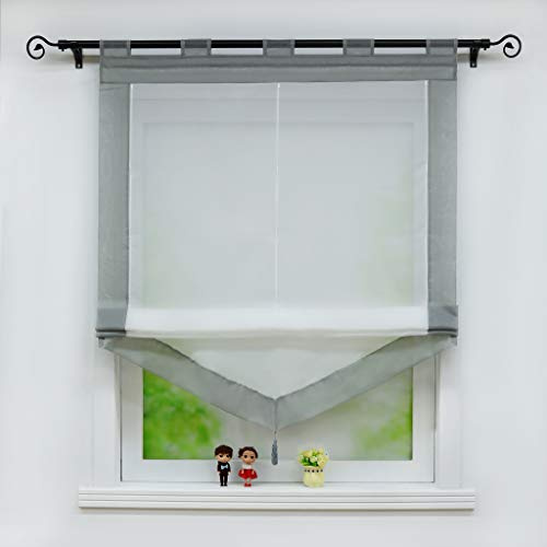 Joyswahl Voile Raffrollo mit Quaste Transparenter Rollos 80x140 Grau | Dreieck Raffgardinen mit farbigem Blende, Fenster Gardine mit Schlaufen, Julia Schals, 1 Stück, Schlaufenrollo Landhausstil