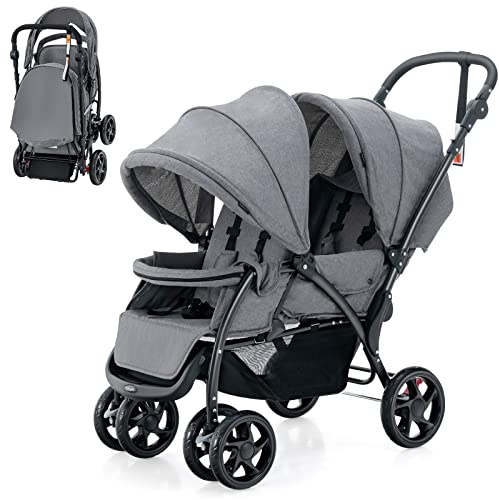 COSTWAY Carrito Gemelar Plegable, Silla de Paseo Doble Carga hasta 30kg, Sillita Doble para Gemelos con Cinturón de Seguridad de 5 Puntos, Respaldo Ajustable y Ruedas Bloqueables (Gris)