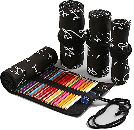 VIONNPPT Handgemachte Leinwand Bleistift Wrap Roll up Fall Halter Böhmischen Stil Reise Zeichnung Skizzieren Färbung Bleistift Rolle Organizer (Schwarz Kalligraphie, 48 Holes)