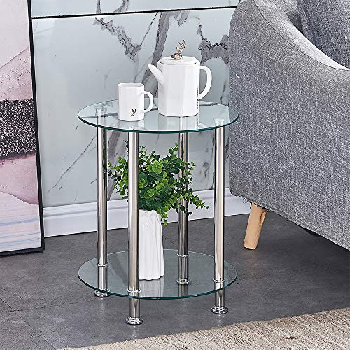 BonChoice 2-Tier Round End Table Clear Glass Side Coffee Tables with Stainless Steel Legs, Storage Shelf for Living Room, Display Table for Small Space, 40×40×50cm (Clear)