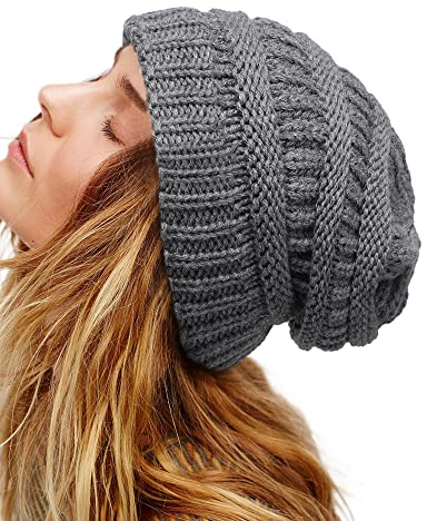 Dam Satinfodrad Vintermössa Kabelstickad för Män Sidenfoder Tjock Mössa Mjuk Slouchy Varm, Mörkgrått, One Size