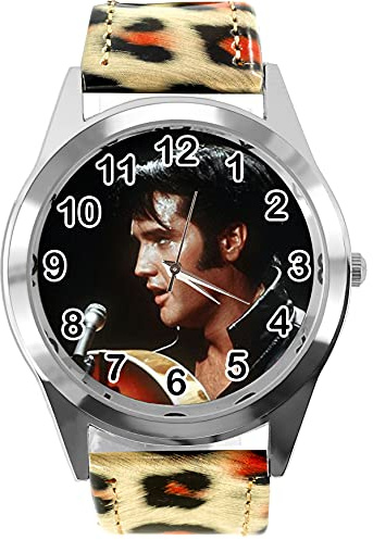 Reloj redondo de cuero con estampado de leopardo para fans de Rock and ROLL E2