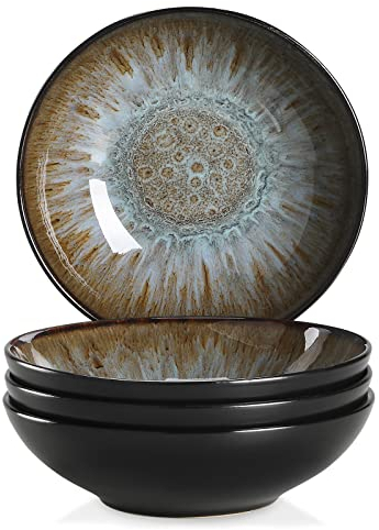 vancasso Bubble Stoneware Wide and Deep Pasta Bowl Set, 4-Piece Reactive Glaze Brown Soup Plate, 8.2in Soup Bowl Large Bowl. 950ml/32oz