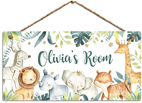 Personalised Children's Bedroom Door Sign. Custom Name Plaque. Gloss Metal. Safari Animal Nursery Wall Art for Girls Boys Baby Room Decor