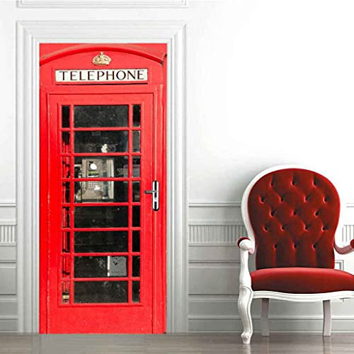 CBWRAW 3D Türaufkleber Rote Telefonzelle Abnehmbare PVC Selbstklebende wasserdichte Wandbild Art Decals Poster Tapete Für Wohnzimmer Küche Schlafzimmer Kinderzimmer Dekoration 90x200cm