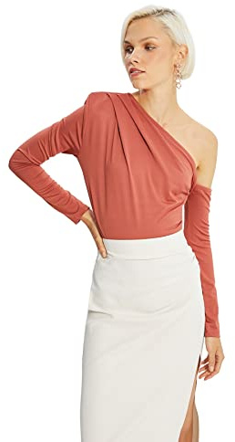 TRENDYOL Dam skjorta/draperade detaljer mellanstickad vanlig volang/draperad detaljerad mitten stickad skjorta, Kanel, XS