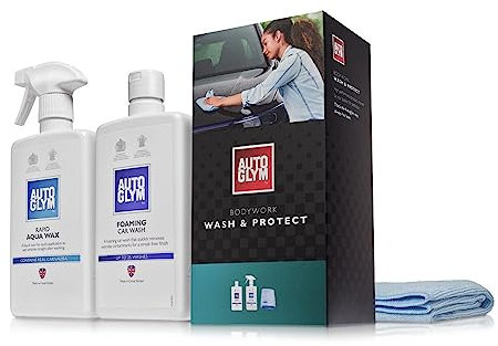 Autoglym Bodywork Wash and Protect - 4-Piece Car Cleaning Kit For Car Exteriors, Car Care Gift Set Includes Foaming Car Wash-500 ml, Rapid Aqua Wax-500 ml, (2) Car Cleaning Microfibre Towels