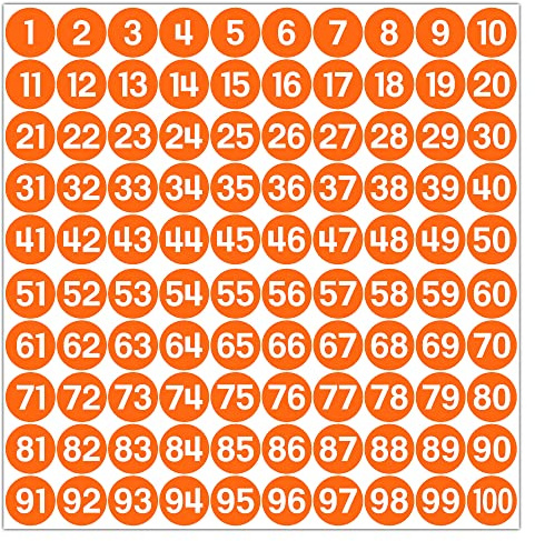 GamesMonkey® - Étiquettes Numérotées Cercles Autocollants - Orange - 1 à 100 - (100-500 - 2500 pcs)(10-25 mm) Vinyle Imperméable - Inventaires Consécutifs (10 mm - 1,0 cm, 100 pièces - 1 feuille)