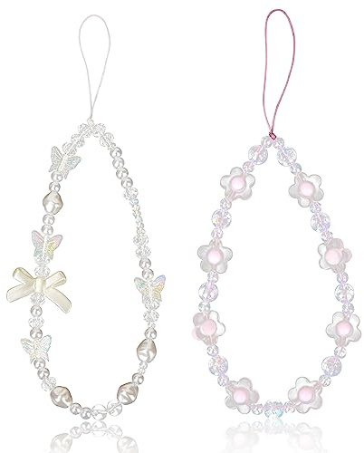 2 Stück Handykette Perlen, Kristall-Schmetterlings-Blumenperle Handy-Handgelenkband Bunte Telefon Lanyards für Frauen Handy-Schlüsselanhänger (Weiß, Lila)
