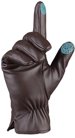 Guantes de cuero de invierno para hombre Guantes de conducción de piel de oveja con pantalla táctil forrada de cachemira cálida,Marrón,S