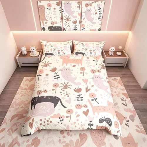 Homemissing Set di biancheria da letto per bambini con stampa di gattini e gatti kawaii e fiori, copripiumino per gli amanti dei gatti e degli animali, traspirante, biancheria da letto singolo