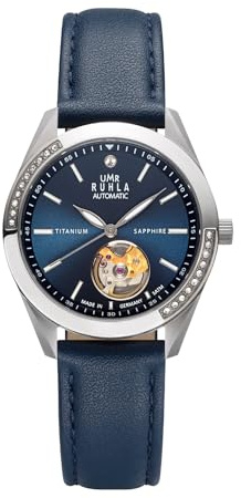 UMR RUHLA Armbanduhr, Damen, Automatik, Lederarmband, Titangehäuse, wasserdicht bis 5 bar, Farbe:Blau