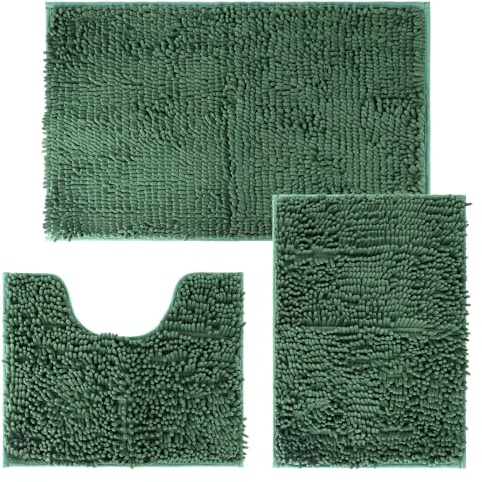 DINGBLUE Chenille Bath Mat Set - Ultra Soft 3 Piece Non Slip Anti Mould Shaggy Toilet Rug, Absorbent Bath Mats with U-Shaped Rug, Lid Cover (Dark Green)