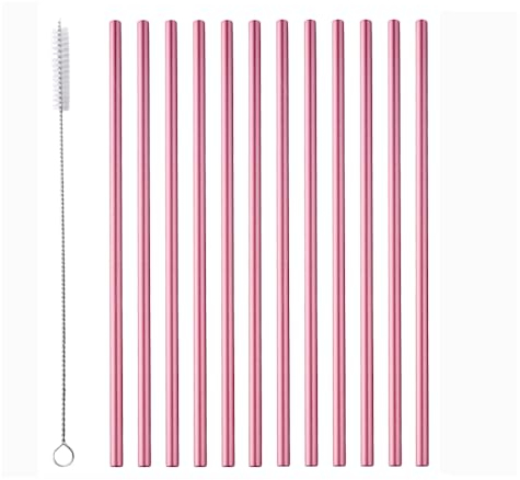 Stainless Steel Drinks Straws Reusable Metal Straws Pink 12 Straight with 1 Cleaning Brush