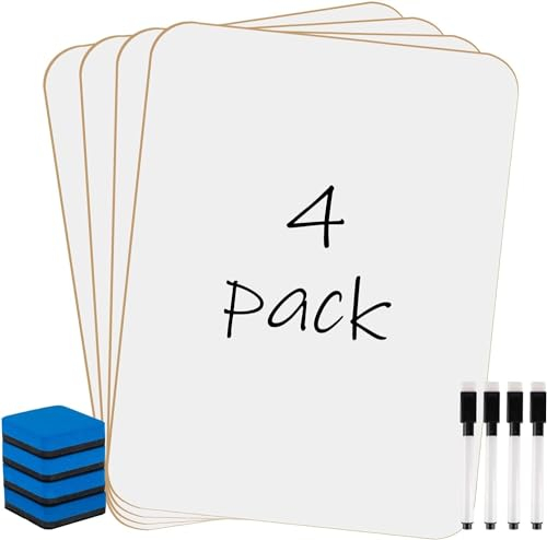 KAHEIGN 4 Piezas Pizarras Blancas Pequeñas de Borrado en Seco, 21CM x 30CM Mini Pizarra Portátil de Doble Cara con 4 Bolígrafos y 4 Borradores - para Estudiante Maestro Aula Hogar Oficina Suministros