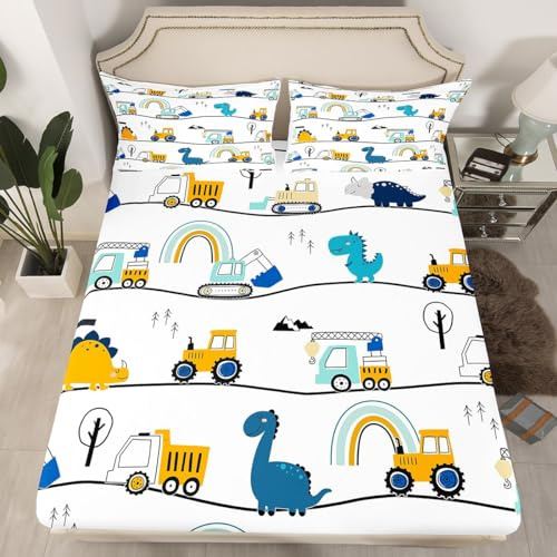 Homewish - Sábana bajera para camión, 90 x 190 cm, para niño, juego de cama de arco iris y dinosaurio lindo, sábana de tractor, excavadora, decoración de dormitorio, camión para 1 persona