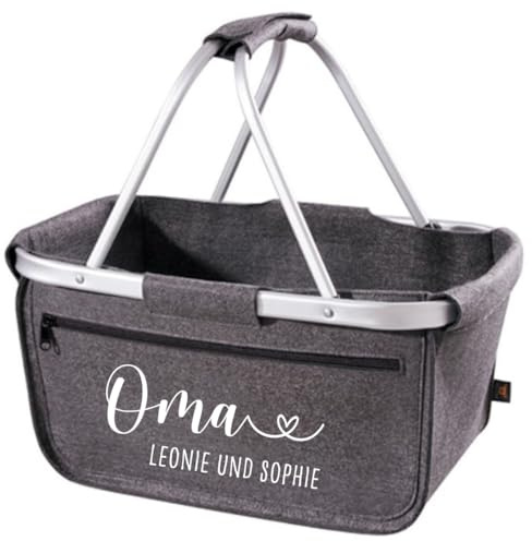 AWASG Einkaufskorb Oma mit Herz- Personalisiert mit Name - Einkaufstasche faltbar Tragekorb mit Aufdruck - 45 x 25 x 25 cm (grau Filz)