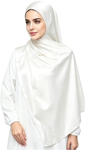 Lina & Lily Luxury Satin Hijab Head Scarf Shawl Wrap for Muslim Women Extra Long (Ivory White)