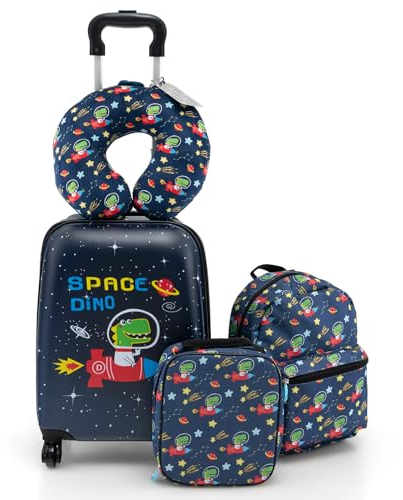 COSTWAY 5 teiliges Kinderkoffer + Rucksack, Kindertrolley mit Lunchbox, Gepäckanhänger & Nackenkissen, Kindergepäck mit Rollen, Handgepäck Reisekoffer Hartschalenkoffer für Jungen & Mädchen (Schwarz)