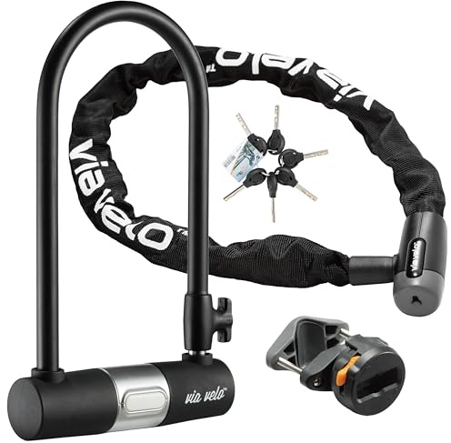Via Velo Candado en U antirrobo resistente para bicicleta, se vende grillete plateado seguro de 15 mm, 9 x 4.5 pulgadas y cadena de bicicleta, cadena de 8 mm, longitud de 3 pies, mismo sistema de