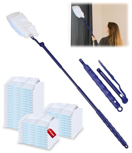 Zavixa 60 Pezzi Ricariche per Spolverino,Kit per Spolverare Elettrostatico,Fibra Superfine Spolverino Polvere con 1 Manico 1 Manici Telescopici,Piumino per Catturapolvere Pulisci Polvere e Capelli