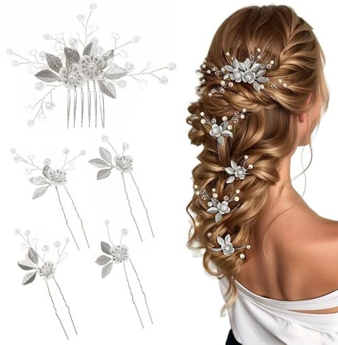 QKEPCY 5 Pièces Épingles à Cheveux de Mariée Accessoires Cheveux Mariage Pince Fleur Cheveuxs Perle Barrette Ornés Feuilles Peigne Strass Epingle Cheveuxs Pinces À Cheveu Demoiselle d'Honneur