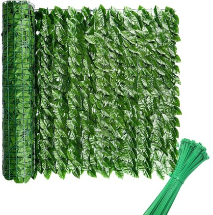 AURACASA siepe artificiale da esterno e interno, siepe artificiale da esterno, edera finta artificiale, frangivista balcone e giardino, 50 fascetti verdi inclusi (FOGLIE DI LAURO, 1x3 Mt)