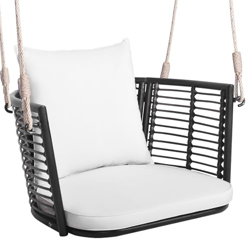 COSTWAY Fauteuil Suspendu Interiuer Exterieur, Chaise Suspendue 180 kg de Capacité, 2 Coussins Inclus, Dossier en Rotin Tissé, Crochets en Métal, Chaise Balancoire pour Porche Jardin Salon (Blanc)