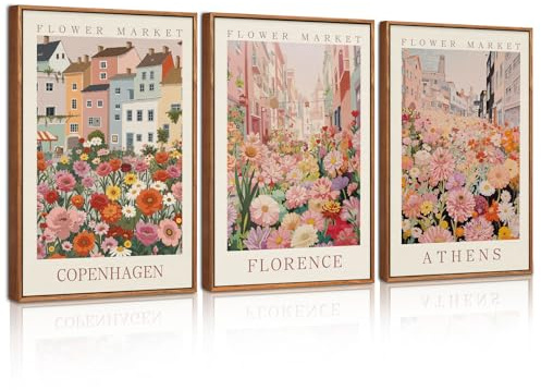 CHDITB 3 Stück Vintage Blumen Bilder,Travel City Rosa Wandkunst Drucke mit Rahmen,Bunte Blumen Markt Leinwanddruck,Abstrakte Wildblumen Pflanzen Wandbild für Wohnzimmer Schlafzimmer,30x40cm