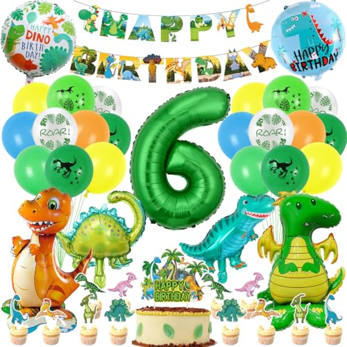 Dino Geburtstag Deko 6 Jahre Jungen, Dinosaurier Geburtstagsdeko, XXL Dino Folienballons mit Luftballon 6, Dino Kuchen Deko, Happy Birthday Girlande für Dino Party Dschungel Deko Kindergeburtstag