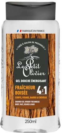 LE PETIT OLIVIER - Gel Douche Homme 4 en 1 - Fraîcheur Boisée - Corps Visage, Barbe & Cheveux - Parfum Frais & Énergisant - Nettoie en Douceur - PH Neutre Pour la Peau - Fabriqué en France - 250ml