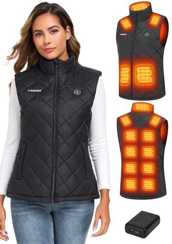 Gokozy Gilet Chauffant Femme avec Batterie Incluse 20000mAh 12V, Veste Chauffante Électrique avec 13 Zones de Chauffe, Gilet Chauffant sans Manche pour Extérieur, Ski, Randonnée