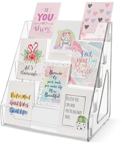 Greeting Card Display Stand 5 Tier Acrylic Greeting Card Rack Clear Postercard Holder Tiered Display Stand Brochure Holder Stand Magazine Organizer Rack Sticker Organizer for 5x7 4x6 Cards Menus Photo