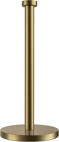 Kitchen Roll Holder Pole | Heavy Duty Kitchen Towel Stand, Worktop Paper Holder Brass Finish Gold Colour Steel | Free Standing Stick Paper Stand with Weighted Base