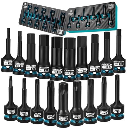 LIBRATON Jeu de Douilles Hexagonales & Torx à Choc 1/2 19 Pièces, Acier S2 | H5-H19 & T30-T80, Pour Clés à Choc, Rangement XPE, Mécanique Professionnelle & Réparation Automobile