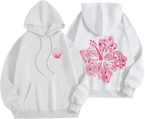 Lubpow Womens Cute Pink Flower Hoodie Aesthetic Preppy Hawaiian Hibiscus Sweatshirt Casual Puff Graphic Hoodies Pullover Tops, White, S