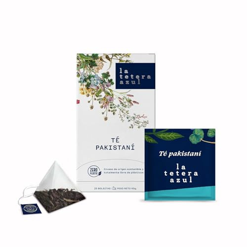 THÉIÈRE BLEU Thé Pakistanais épicé, mélange intense de thé noir avec cannelle, clou de girofle et cardamome, idéal pour Chai traditionnel ou seul, arôme enivrant et goût réconfortant, 20 pyramides