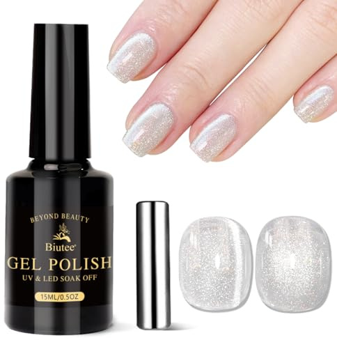 Biutee Smalto semipermanente magnetico Cat Eye Bianco Argento Brillantini 1 | Formato 15ml, Effetto Cat Eye magnetico brillante, Formula soak-off UV/LED, Ideale per nail art fai da te e salone