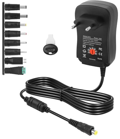 CERRXIAN Universell strömadapter 30 W AC/DC justerbar, AC till DC 3 V, 4,5 V, 5 V, 6 V, 7,5 V, 9 V, 12 V, 2 A, med 8 justerbara ändkåpor och USB 5 V 2.1A, för elektronik i hemmet 3 V till 12 V och