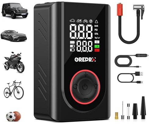 GREPRO Elektrische Luftpumpe, 150 PSI Mini Tragbare Akku Kompressor, 12V DC Fahrradpumpe mit Digitale Doppelt-Wertanzeige,5000mAh Power Bank und LED-Licht für Auto, Motorrad, Fahrrad, Ball