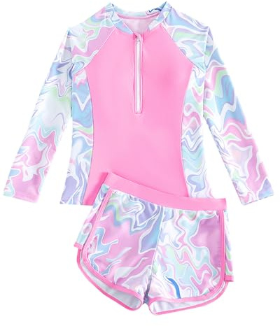 Girls Swimming Costume Rash Vest Padded Bras 8-13 Years, Long Sleeve Kid Tankini Swimsuit Two Pieces Swim Suit Tween Swimwear Top with Boyleg Short, Pink 8-9 Years