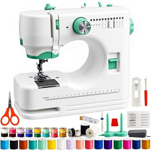 FONCOOD Sewing Machine for Kids Beginners,36Pcs Thread and Needles Set,Portable Electric Sewing Machine, 12 Built-in Stitches,Foot Pedal Control for DIY Crafts, Mending & Home Projects,White& Green