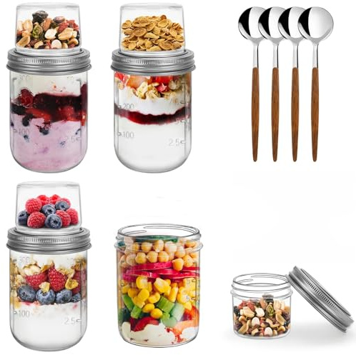HNNJCK 4er Overnight Oats Gläser 400ml+100ml, Joghurtbecher to go | Doppelschicht-Design und Edelstahlöffel, Trocken- und Nass-Trennung, Müslibecher für Schule/Büro/Picknick