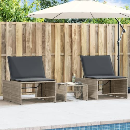 Mandloder Sonnenliege Gartenliege 2er Set Hellgrau PE-Rattan, modular verstellbar, wetterfest UV-beständig, für Terrasse Outdoor, mit Glasplatte Tisch, bequemer Liegesessel Chaiselongue