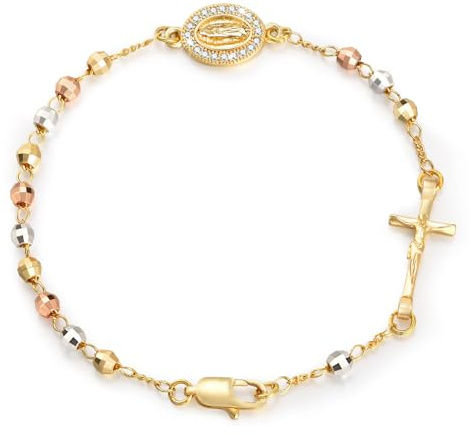 VNOX Rosenkranz Armband Damen, 14K Vergoldet Kruzifix Armband mit Jesus Kreuz und Maria Medaille, Katholisches Gebetsarmband mit Perlen, Religiöser Schmuck Geschenk für Frauen