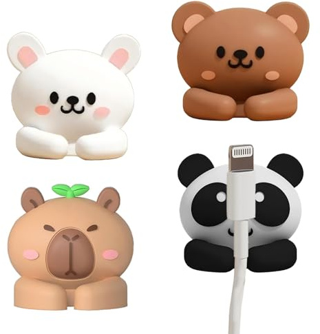 Denipry 4 Pack Cord Management Clips, Animal Self Adhesive Cable Holder Clips Cord Organizer, Panda, Bear, Rabbit Design Cable Holder for Desk, Nightstand, Car, Wall, Office, Kitchen