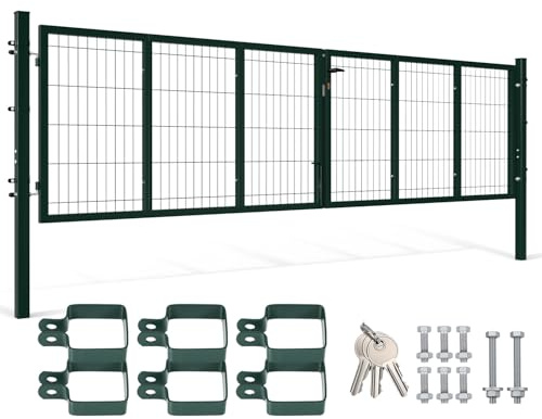 Peviasot Portail de jardin - 350 x 100 cm - Double battant - En acier galvanisé - Avec poignée, serrure et 3 clés - Robuste - Vert