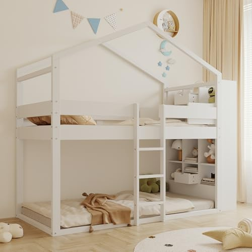 YAIXBNG Våningssäng 90 × 200 cm, båda våningarna med förvaringsutrymme, uppfyller standarden EN747, med ribbotten, ungdomssäng enkelsäng, furu, vit (galler endast på övre våning)