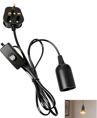 E27 Pendant Light, Ceiling Fitting with Switch, 1.8m Textile Cable, UK Plug, Adjustable Length, Compatible with E27 Bulbs, Ideal for DIY, Living Room, Bedroom, Kitchen & Home Decor Lighting (Black)
