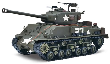 MechEdu Carro armato radiocomandato in scala 1:16, M4A3E8, Sherman, versione in metallo da 2,4 GHz, con torre rotante a 360°, effetto fumo, sistema audio da combattimento, funzione combattimento a